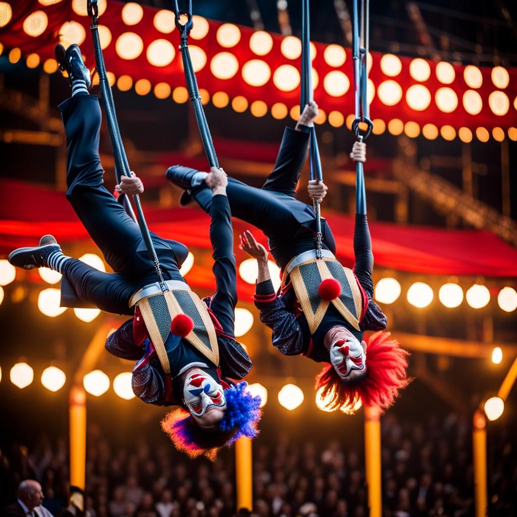 Clown Mask Trapeze Artists in Dramatic Suspension