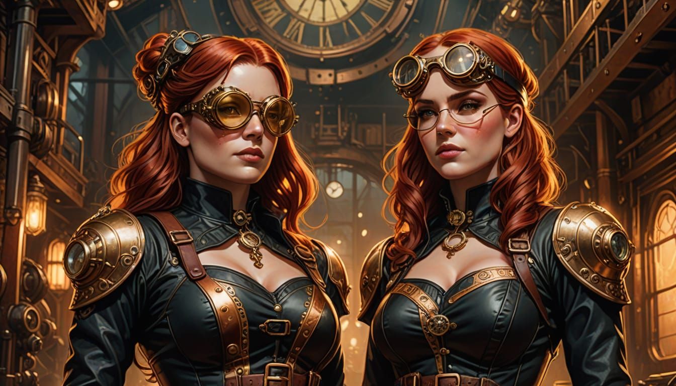 Steampunk Women with Brass Goggles in Comic Art Style