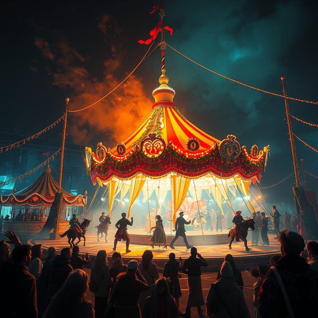Surreal Winter Circus in Vibrant Triadic Colors