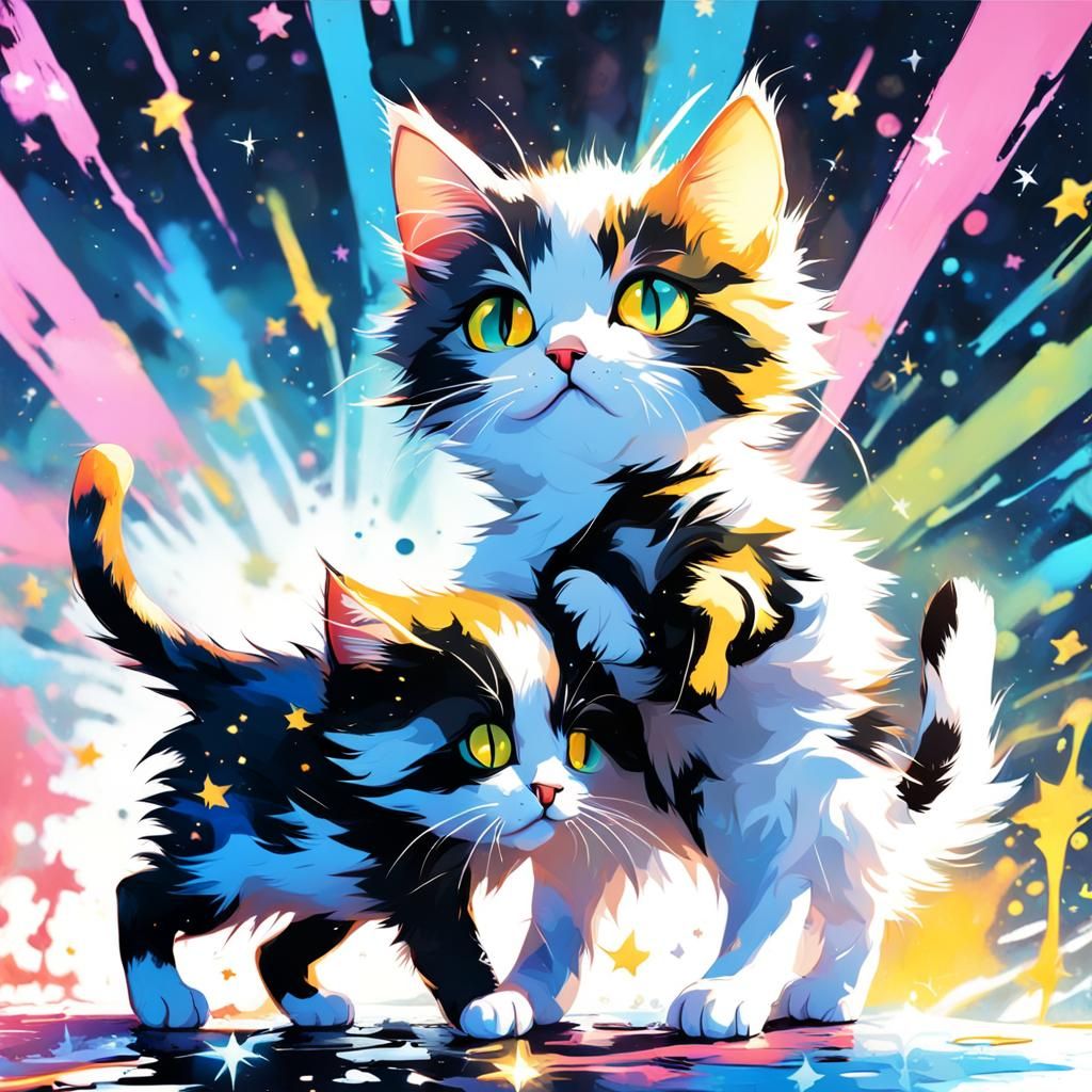 Kittens Playing in Space Graffiti Art