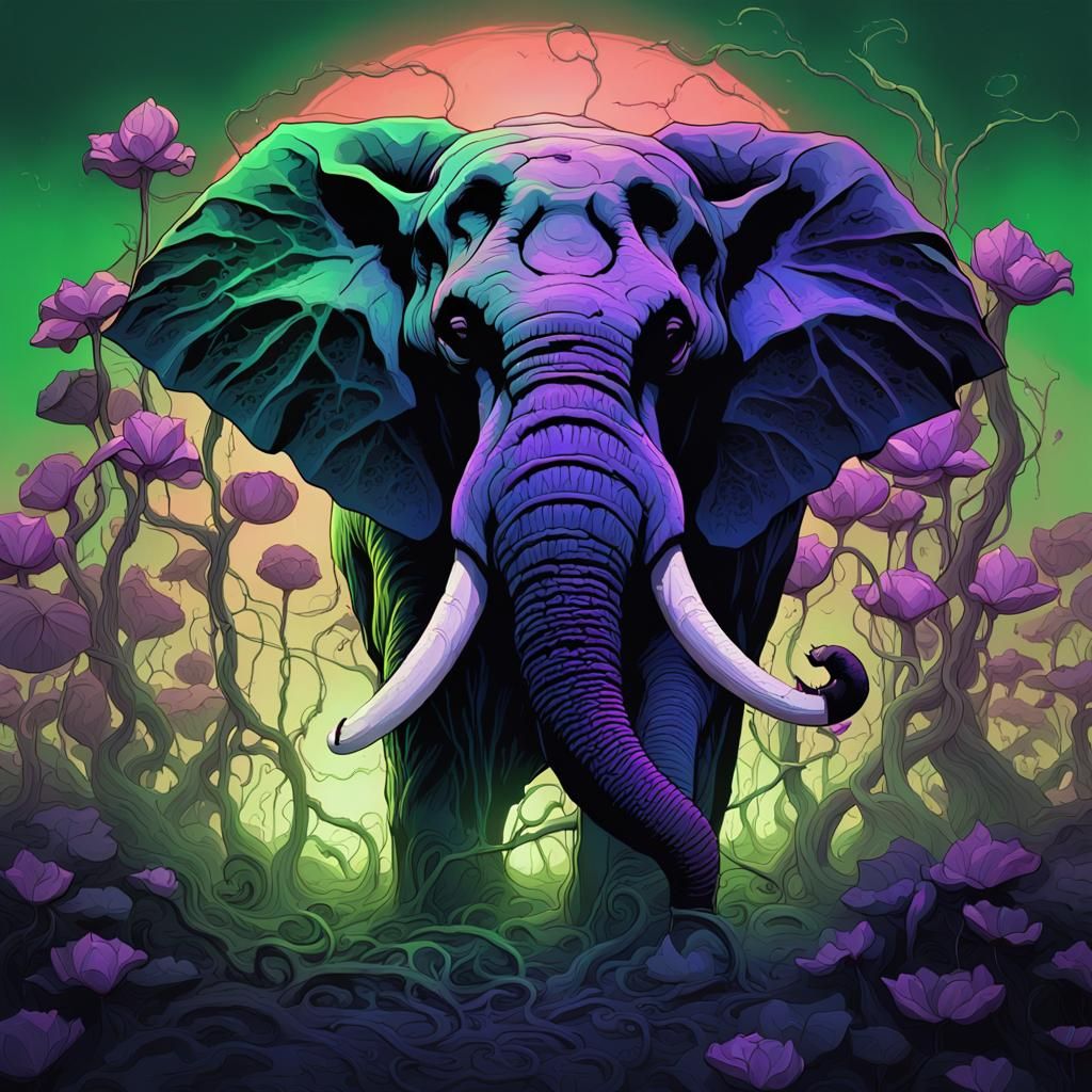 Elephant in Dark Fantasy Vineyard with Lotus Flowers