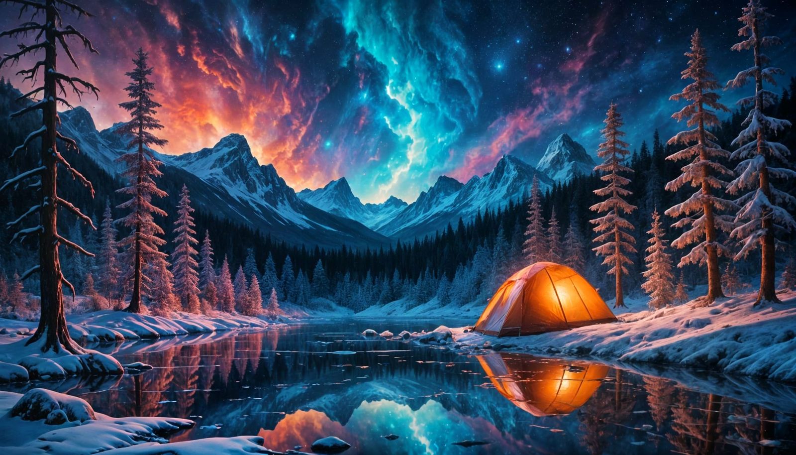 Winter Night Camping Scene in Cosmic Landscape