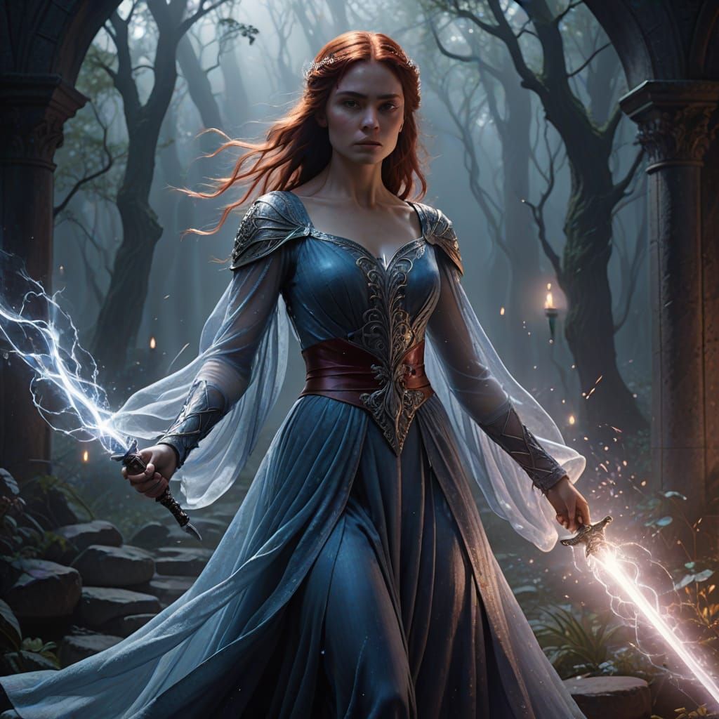 Princess of Lightning with Magical Sword in Ethereal Mist