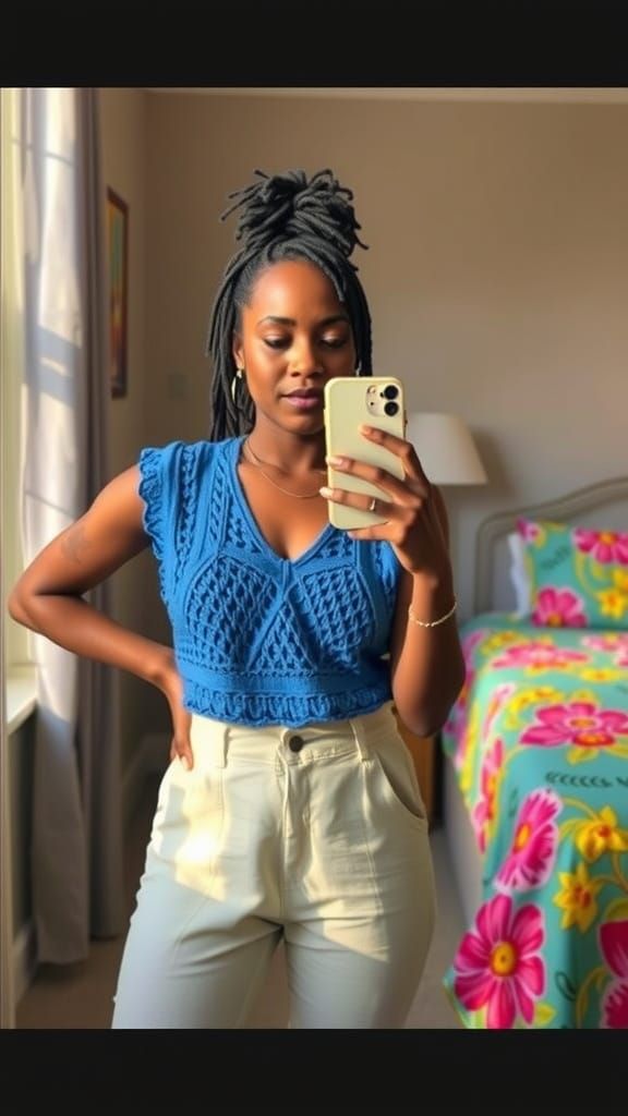 Black Woman Taking Selfie in Sunny Bedroom