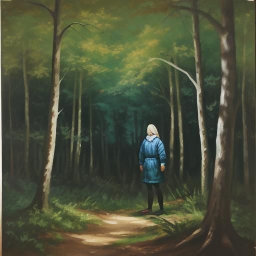 Stylized Portrait of Woman in Woods, Exaggerated Painting