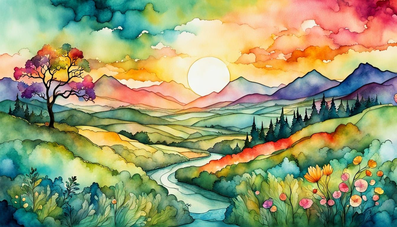Sunrise Over Lush Valley in Watercolor Style