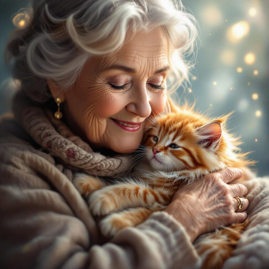 Elderly Woman and Kitten in Dreamy Alcohol Ink Style