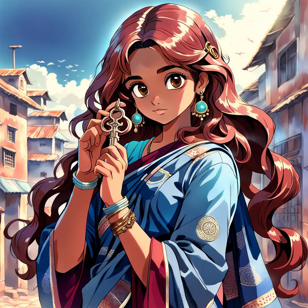 Indian Woman with Key in Anime Style