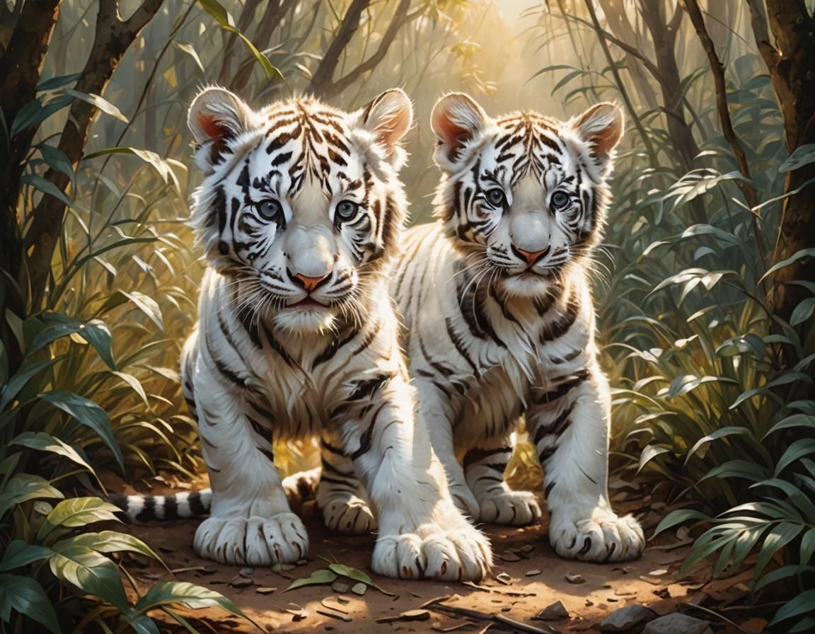 White Tiger Cub Exploring Jungle, Naturalistic Illustration