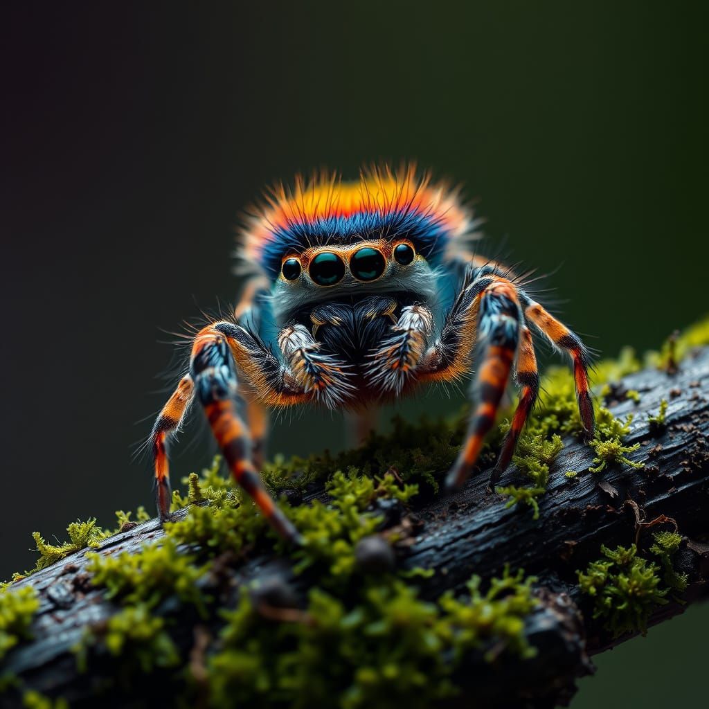 Colorful Jumping Spider on Moss in Macro Photography