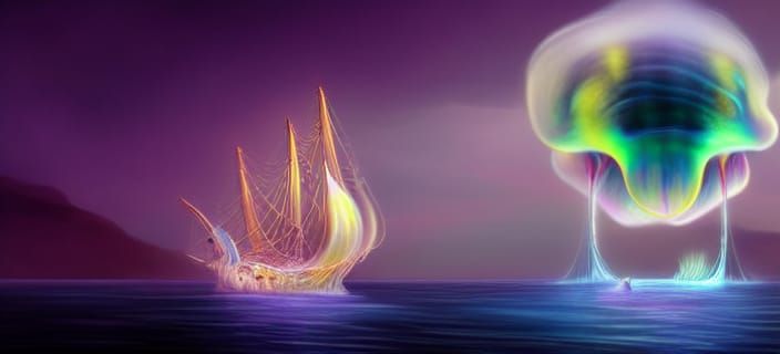 Cosmic Jellyfish Sailing Ship: Surreal Digital Art