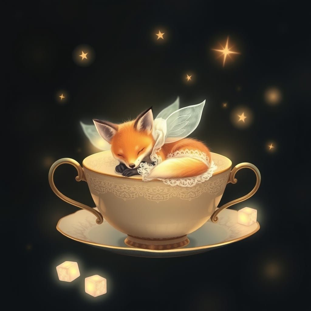 Winged Fox in Moonlight Teacup, Digital Illustration