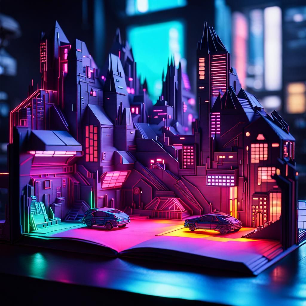 Origami Cyberpunk City in Pop-Up Book