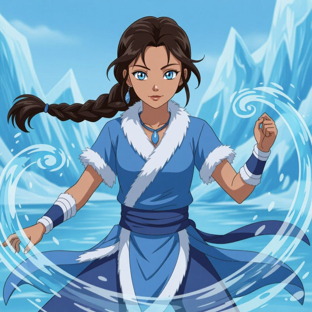Dynamic Waterbender in Anime Cel-Shaded Style