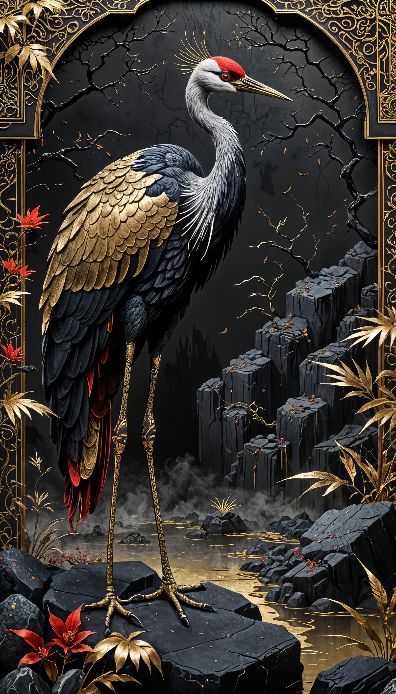 Luxurious Fantastical Scene with Oriental Crane