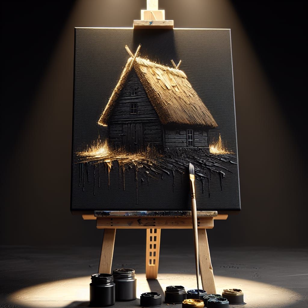 Black Thatched House Still Life with Golden Highlights