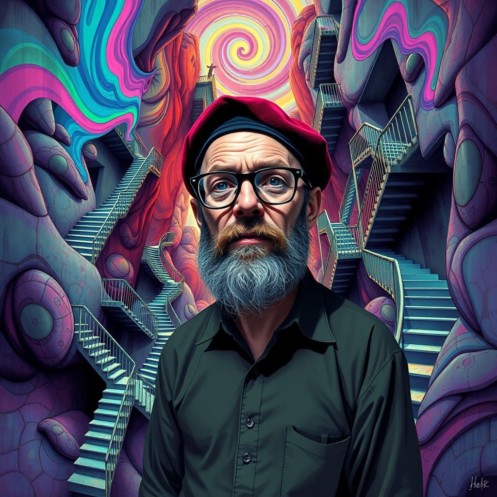Allen Ginsberg in Vibrant Escher-Inspired Neon Dreamscape