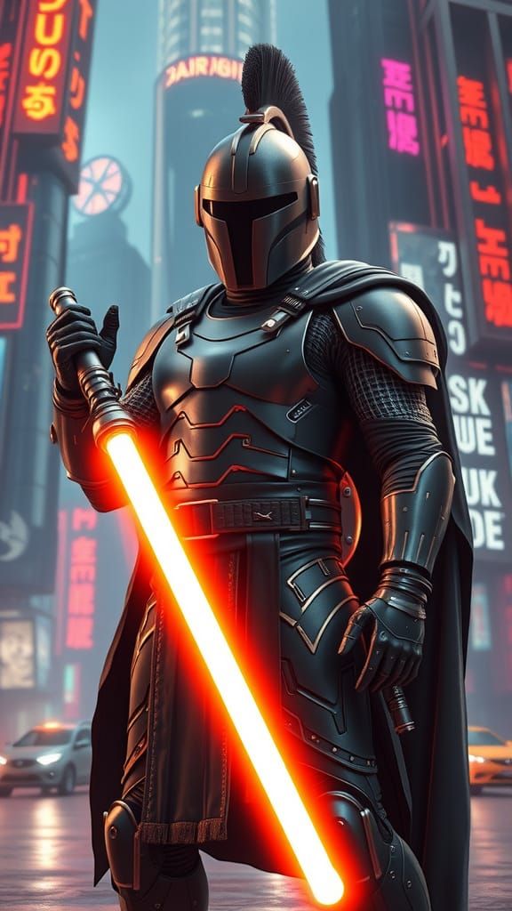 Futuristic Roman soldier clad in sleek, matte-black, lightwe...