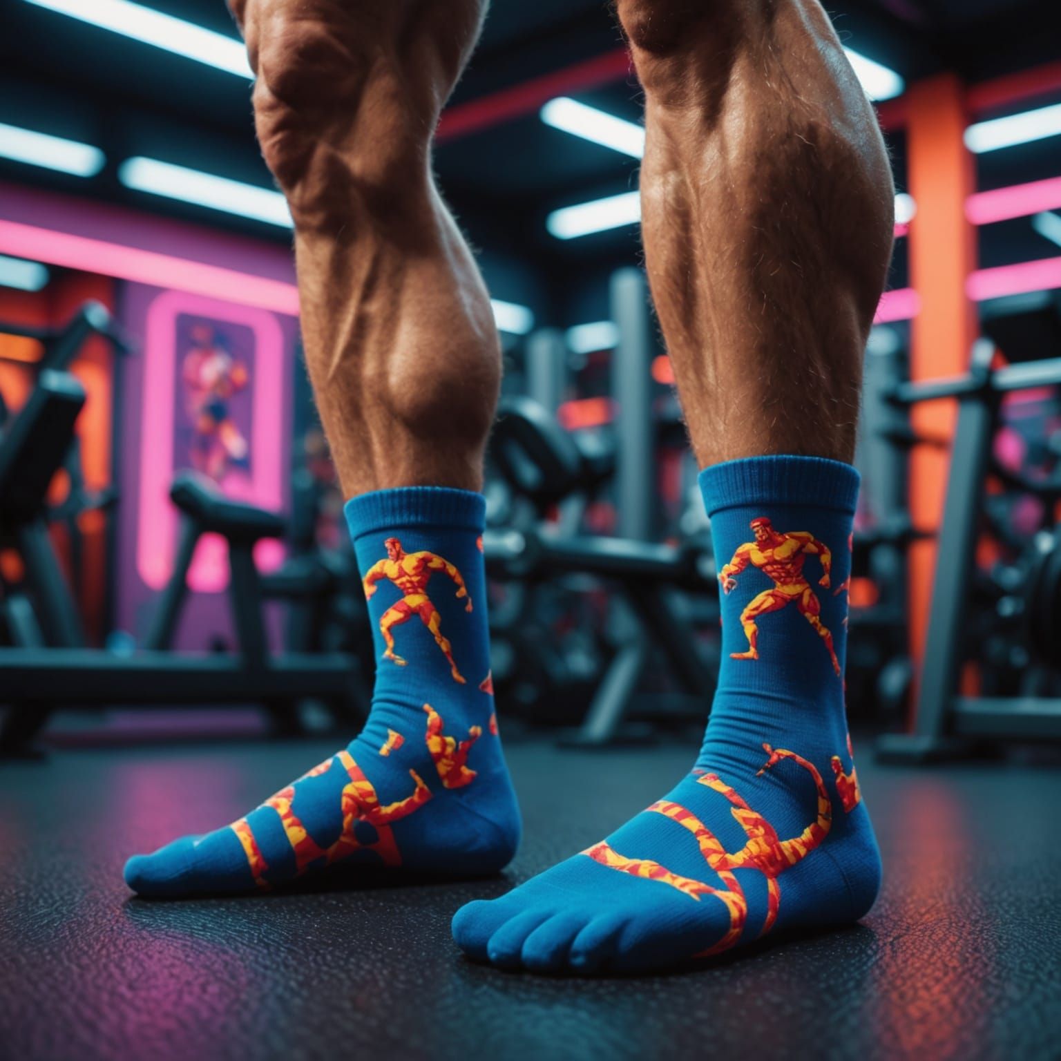 Bodybuilder Socks in Neon Gym: Hyperrealistic Photo