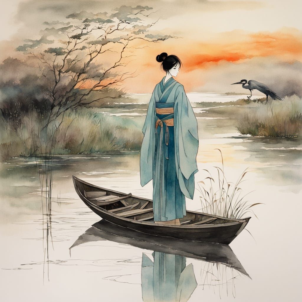Japanese Lady in Serene Dawn Landscape