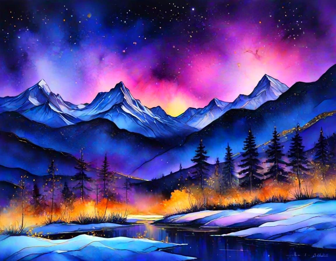 Winter Night Landscape with Aurora Borealis in Alcohol Ink