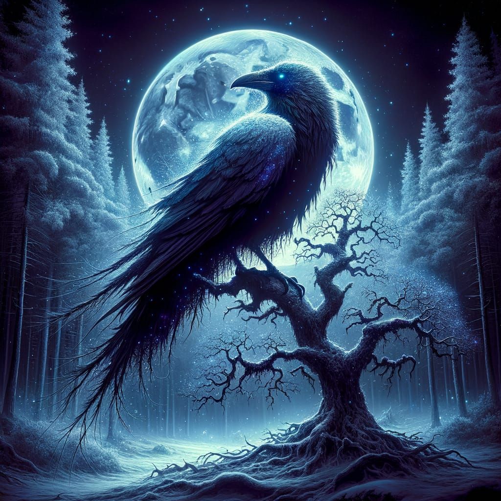 Ethereal Raven Perched on Ancient Moonlit Oak