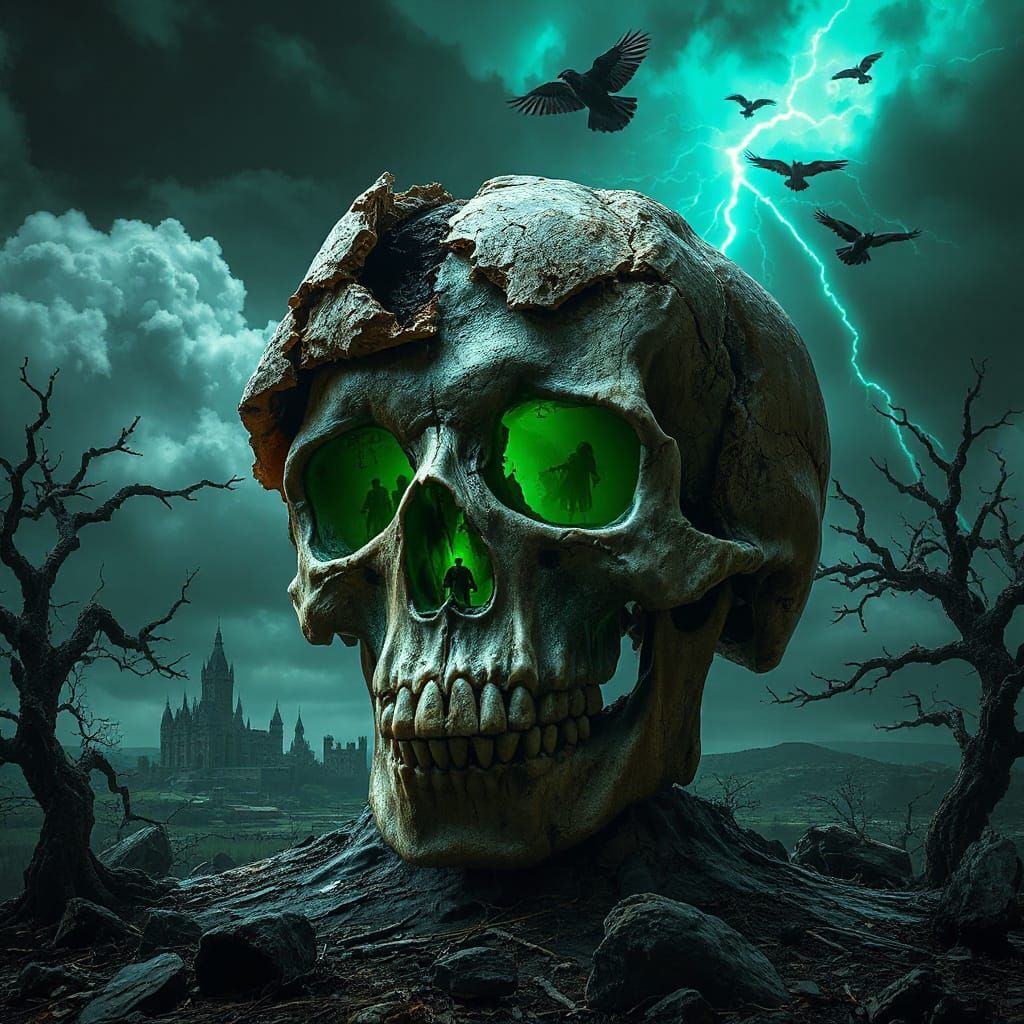 Eerie Gothic Horror Skull with Emerald Light