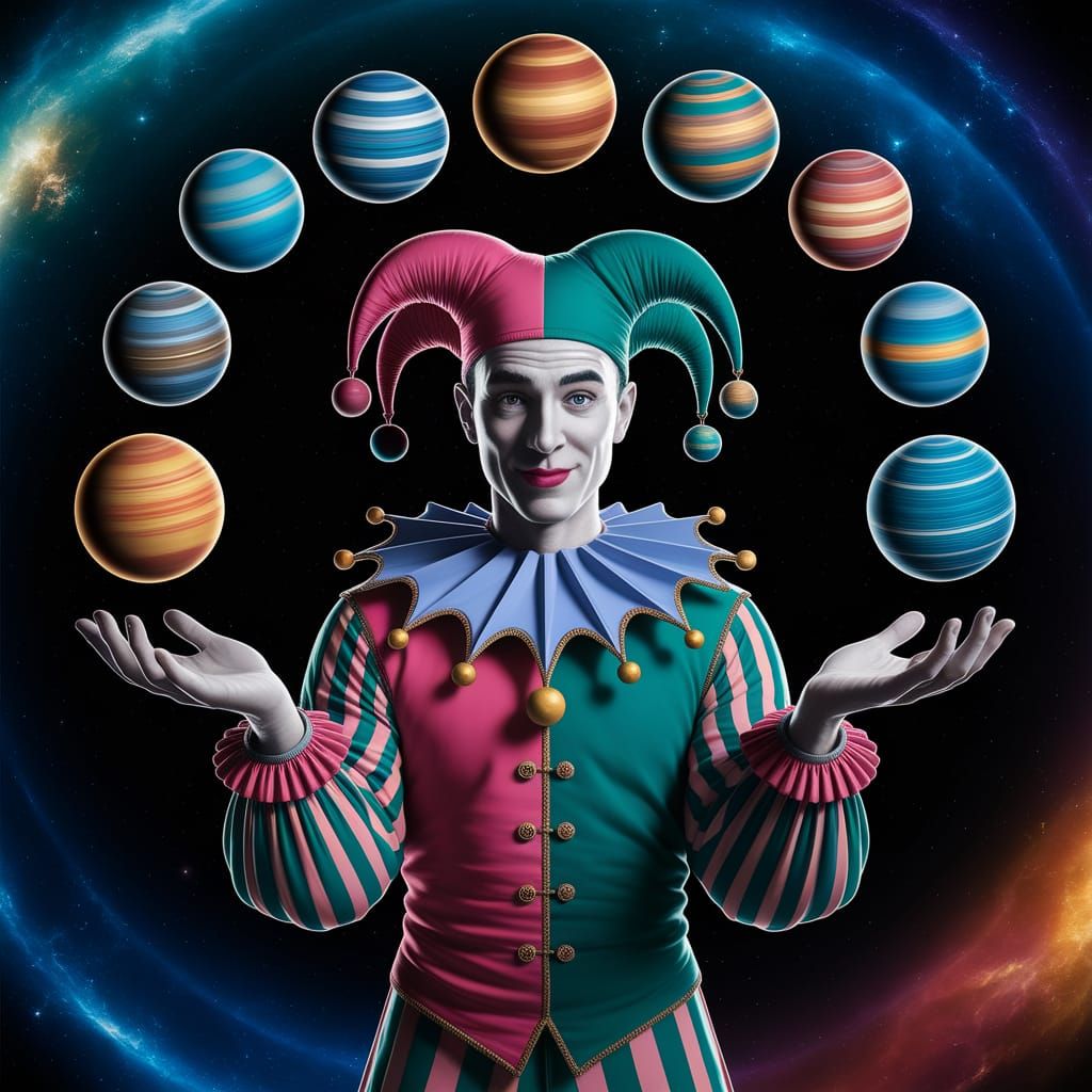 Court Jester Juggling Planets in Cosmic Astral Art