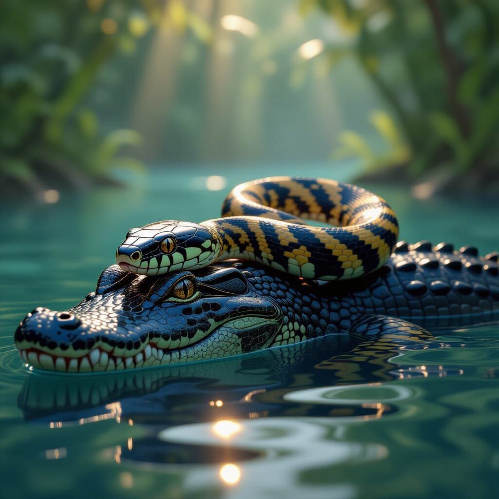 Garter Snake Rests on Baby Crocodile in Dreamlike Water Scen...