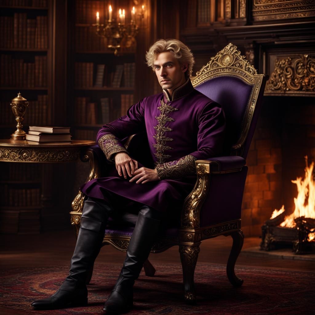 Handsome male, Average Build, Tall, Porcelain Skin, Messy short golden Hair, Narrow Eyes, Small Nose, Round Face, Finely...