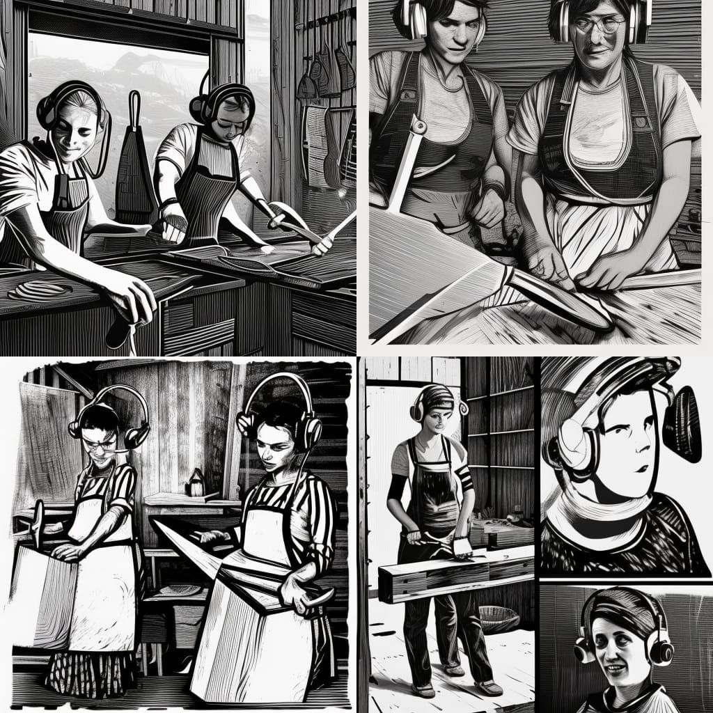 Italian Workers Grinding Scissors: Black and White Linocut