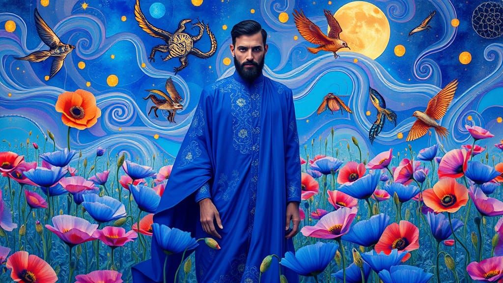 Surrealist Figure in Cobalt Blue, Amidst Swirling Energy and...