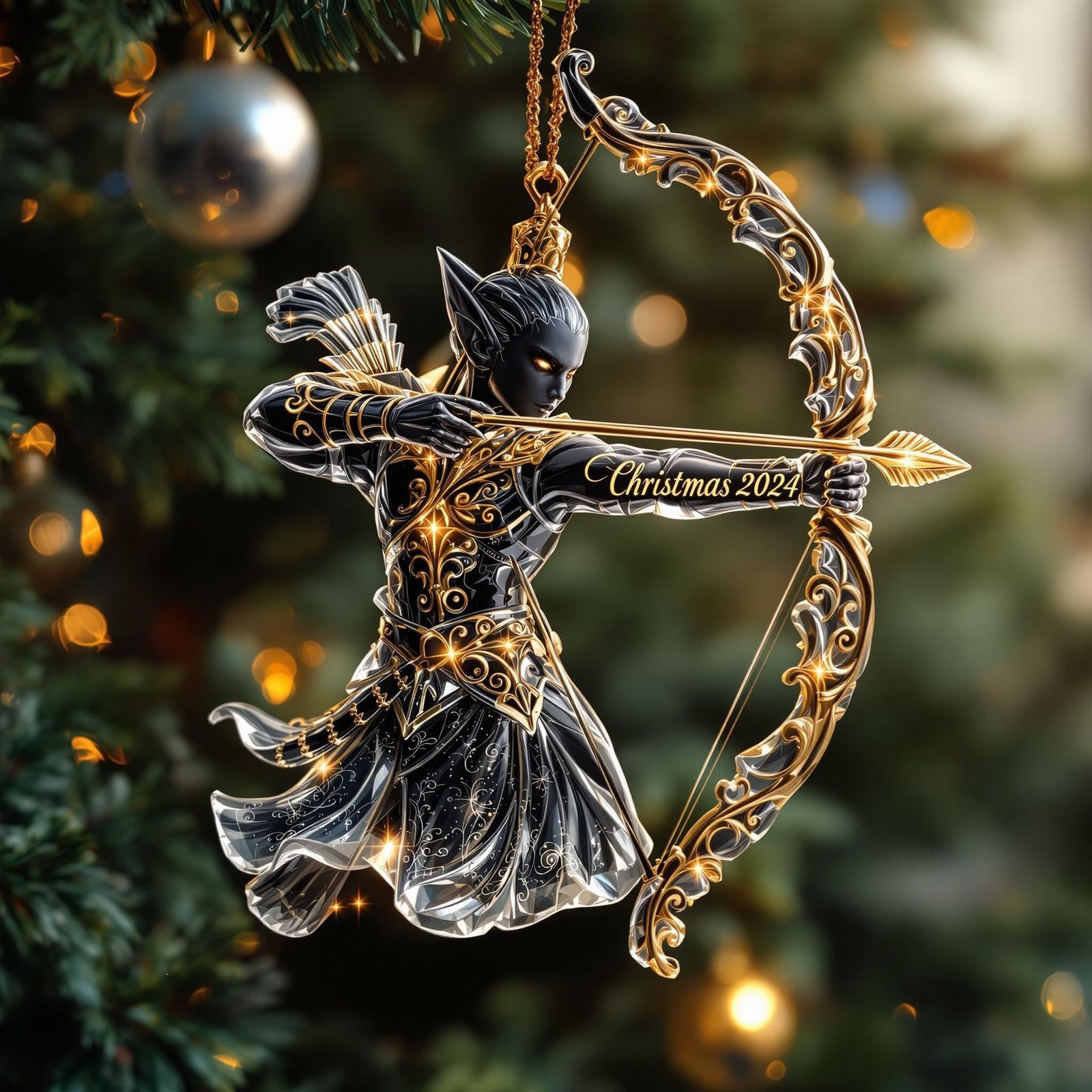 Dark-Skinned Drow-Elf Archer Christmas Ornament in Ornate Gl...