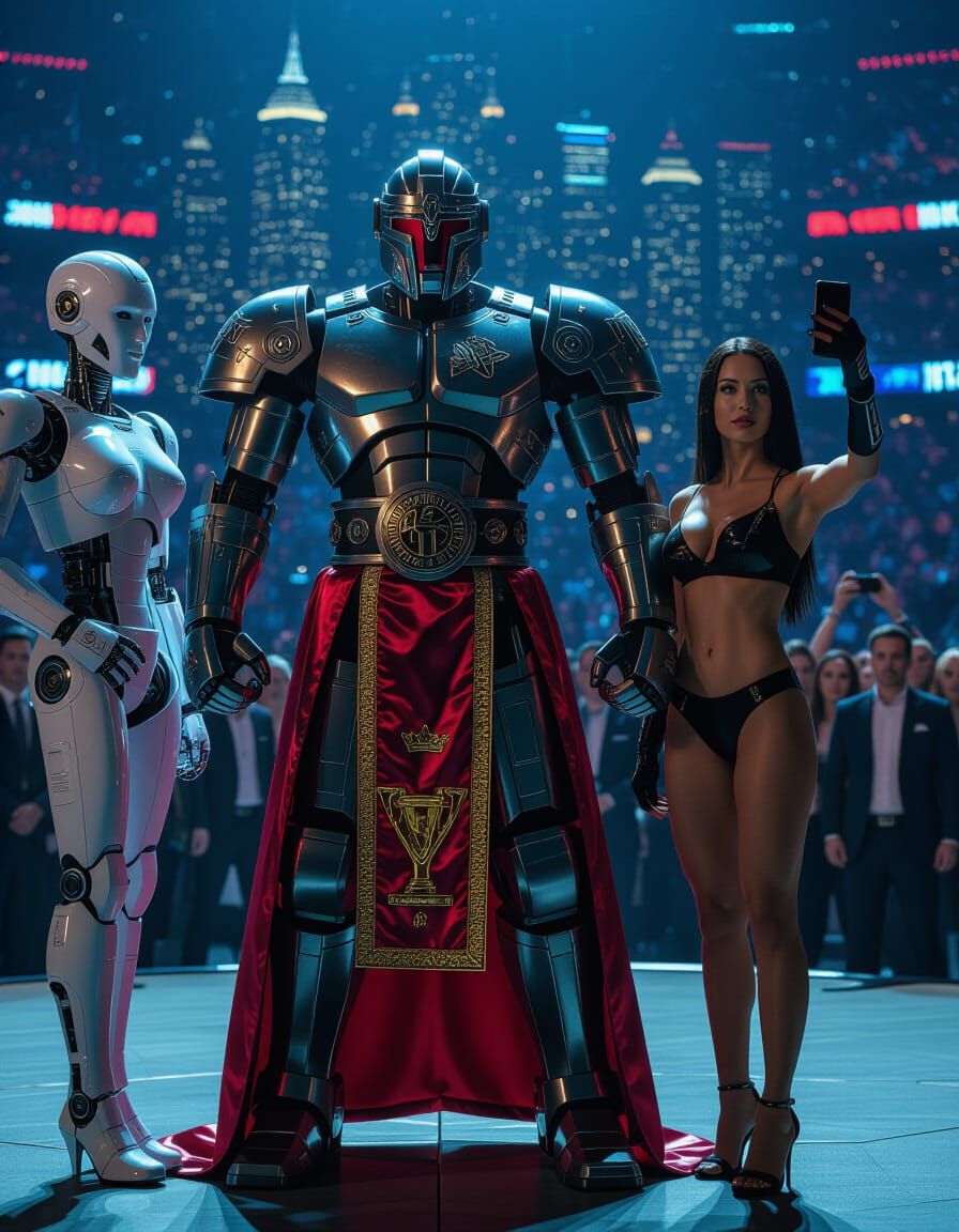 Cyberpunk Gladiator Robot Victory Celebration