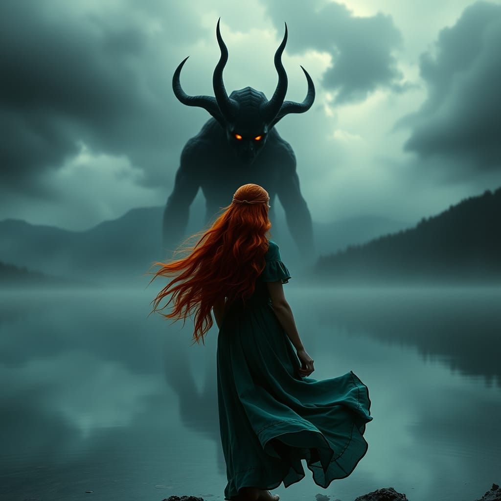 Ethereal Elf Confronts Dark Reflection in Serene Lake