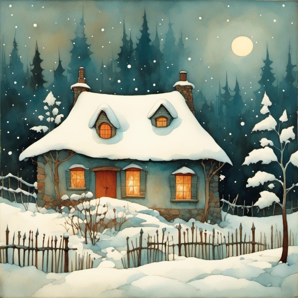 Cozy Cottage in Snow: Whimsical Art Style