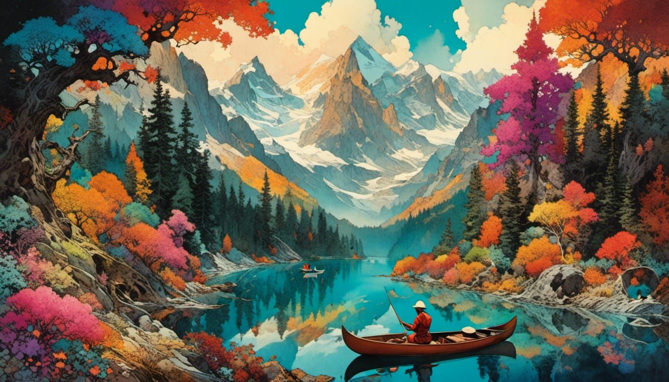 Surreal River Landscape in Watercolor Style