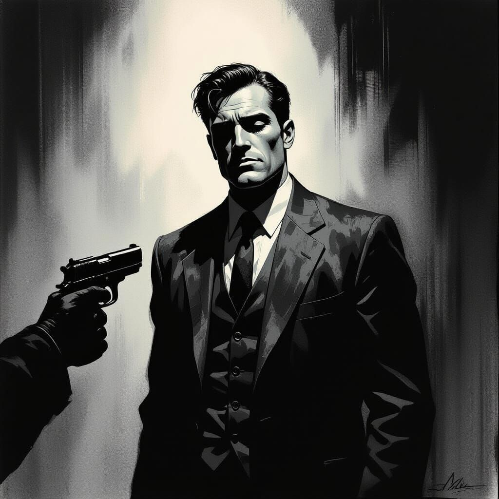 Resigned Man Held at Gunpoint in Noir Scene