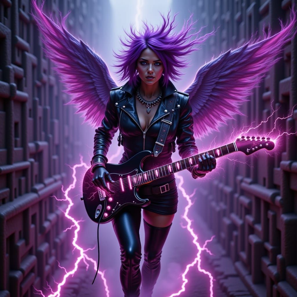 Punk Woman Levitating Through Fiery Labyrinth