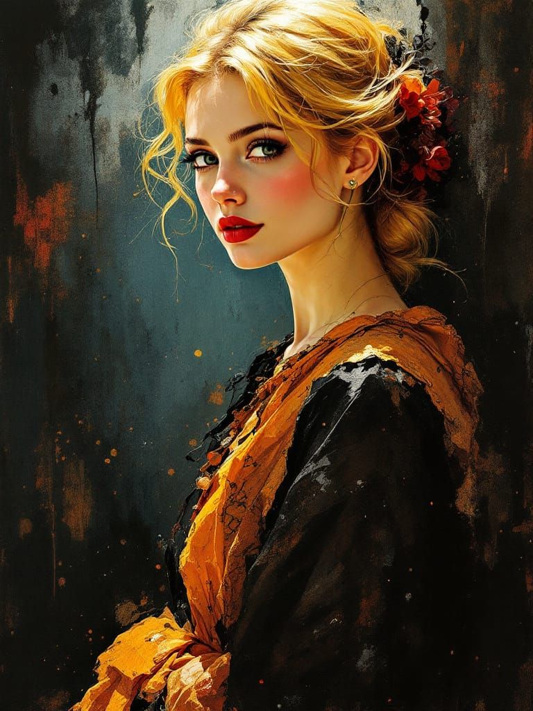 Pin-Up Woman in Amber Luminosity and Calligraphic Style