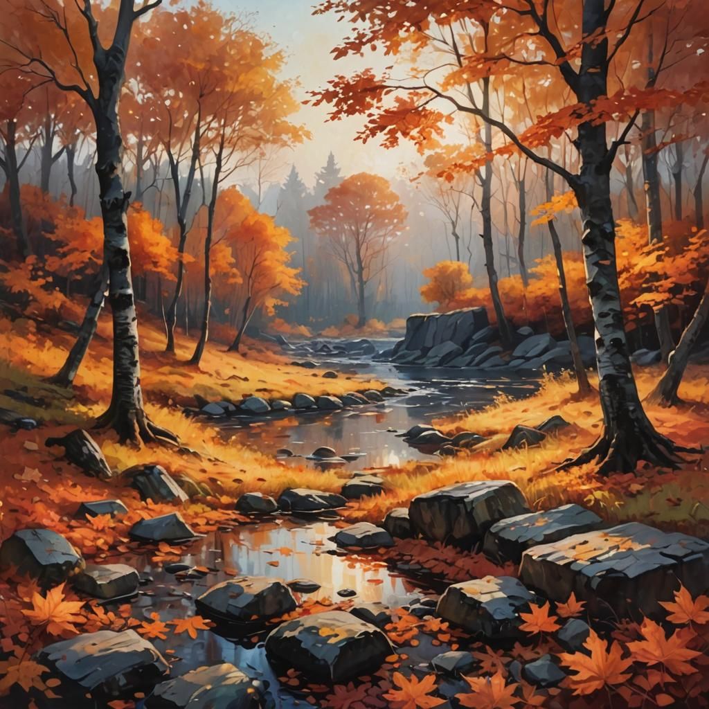 Autumn Forest Tree in Oil Painting Style