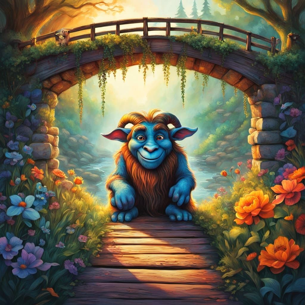 Storybook Troll Under Bridge in Grungy Watercolor Style