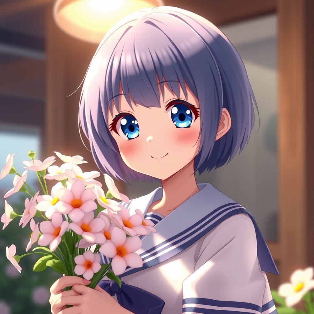 Cute Anime Girl with Flowers in 3D Style