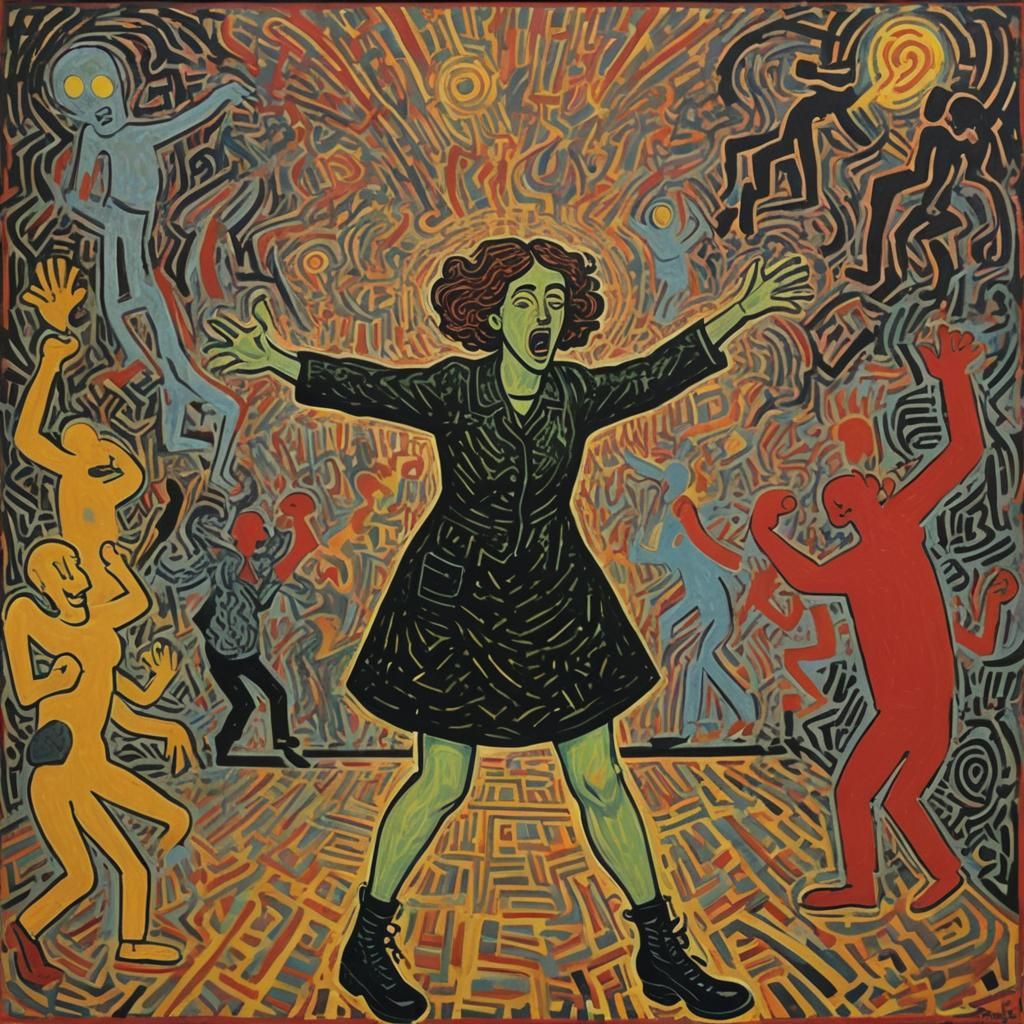 Lonely Girl Amidst Revelry, Expressionist Painting