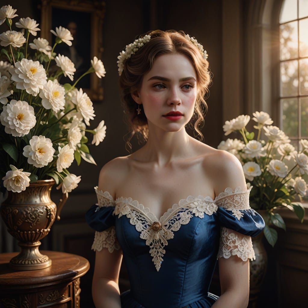 Elegant Victorian Lady in Blue Corseted Gown