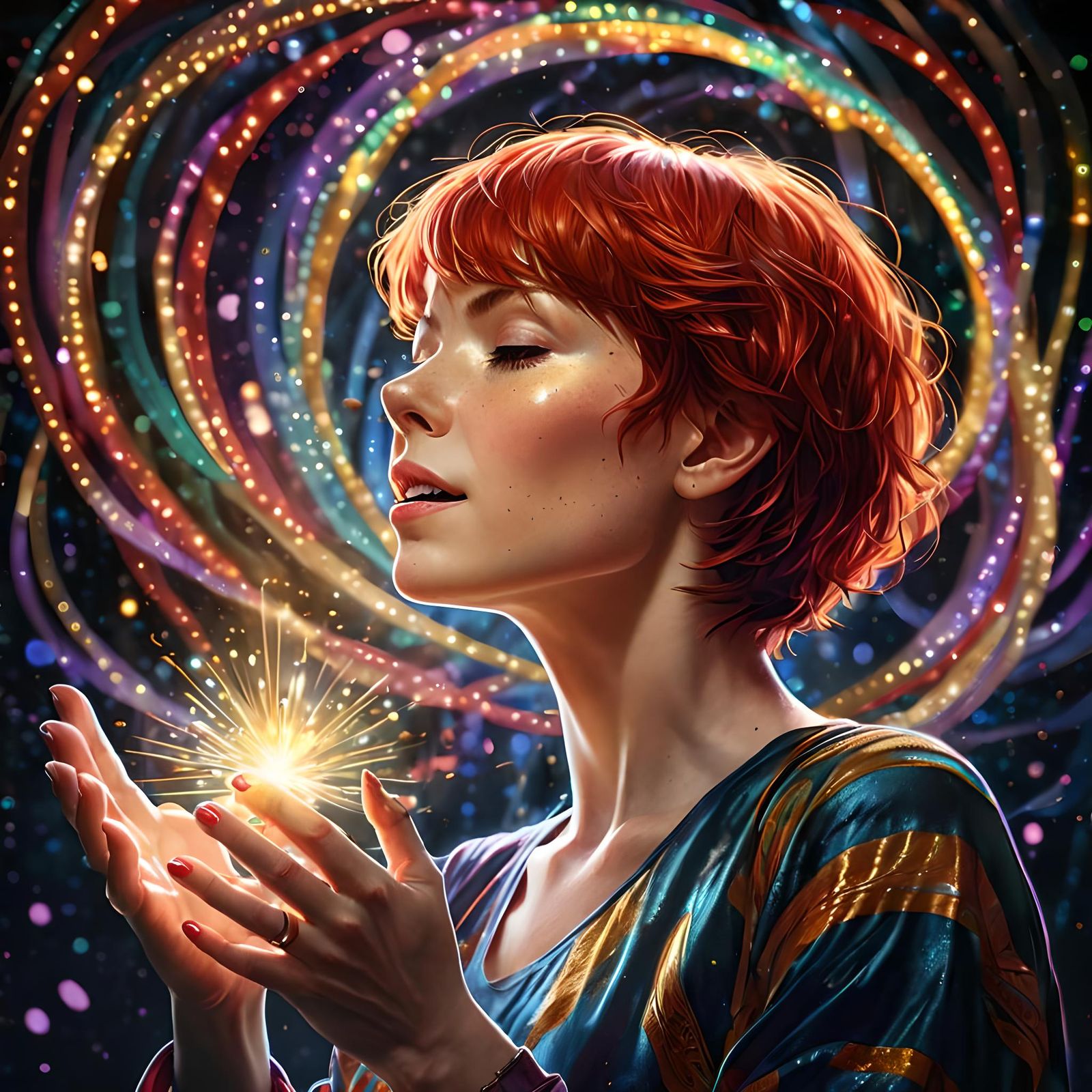 Woman Singing with Light Ribbons in Magical Realism