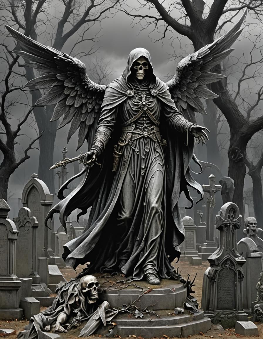 Gothic Reaper Angel Statue in Graveyard