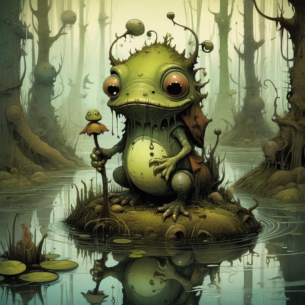 Whimsical Swamp Creature Illustration in Surreal Style