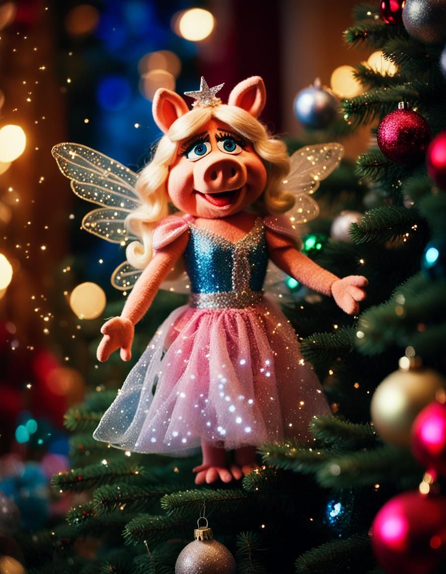 Miss Piggy dressed as the fairy on top of a Christmas tree