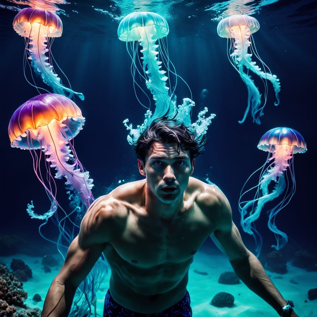 Surreal Underwater Scene with Glowing Jellyfish and Biolumin...